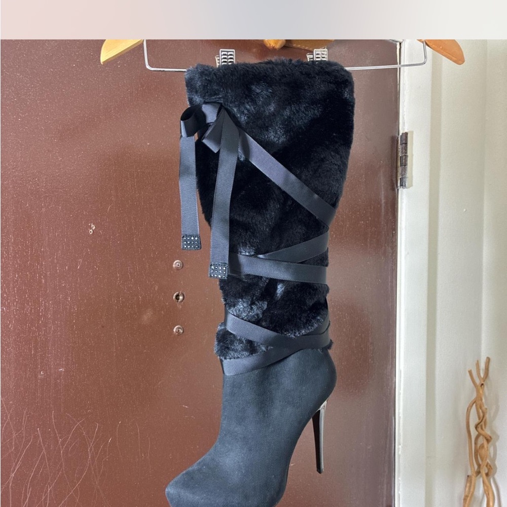 Nina Black Faux Fur Wrap Knee high Stiletto Boots